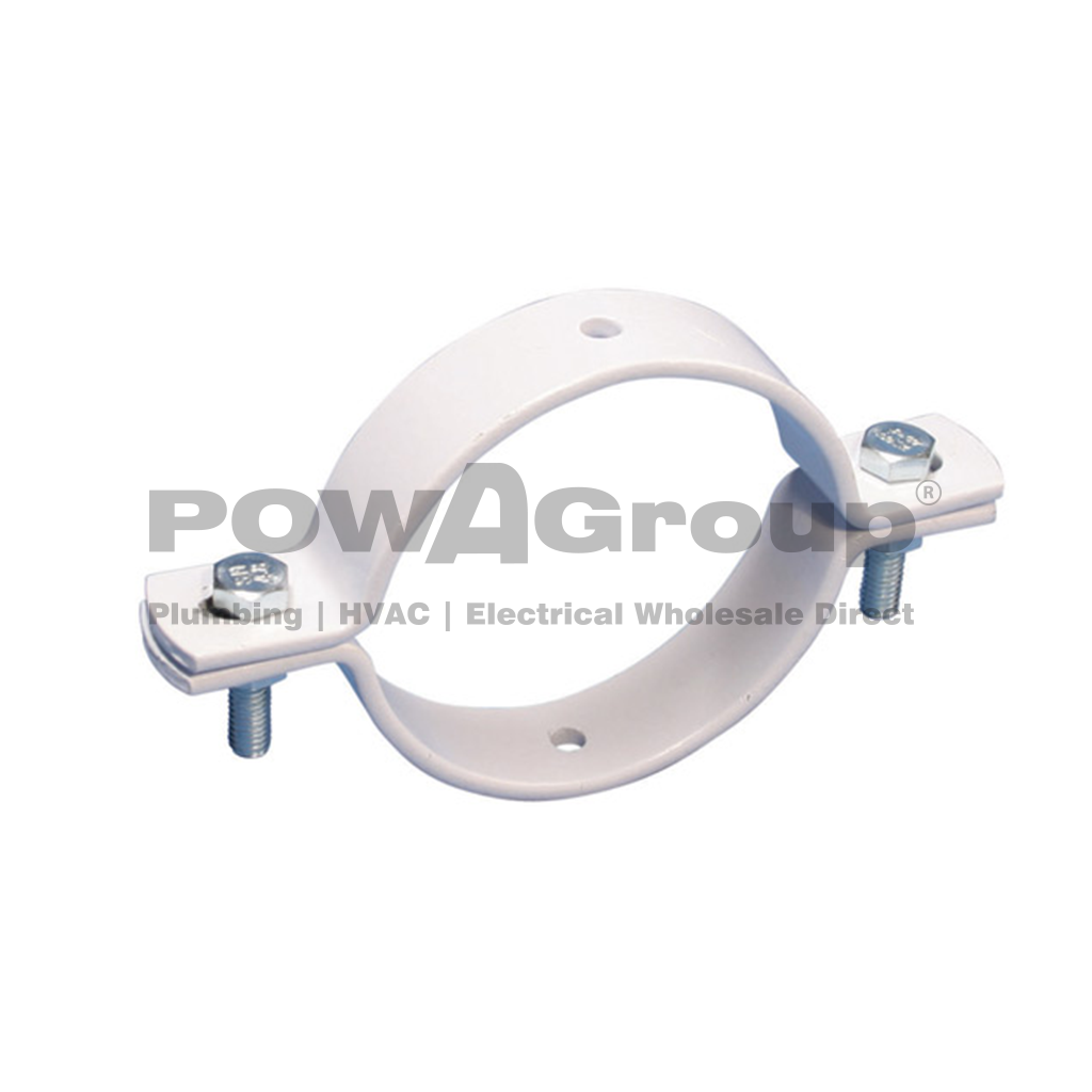 Double Bolted Clamp White Powder Coated H/Duty 40 wide x 6mm Thick 250mmOD for PVC Pipe