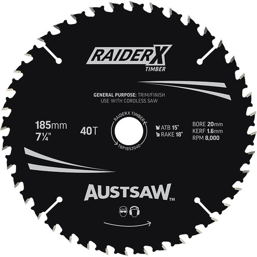 [13TB18540] *PO* Austsaw RaiderX Timber Blade 185mm x 20/16 Bore x 40 T Thin Kerf