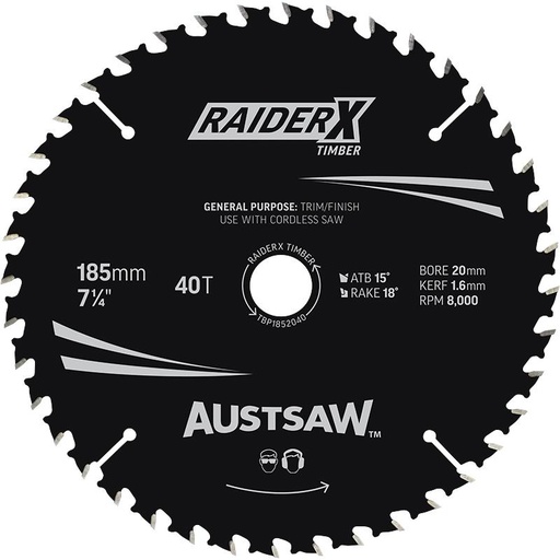 [13TB18540] Austsaw RaiderX Timber Blade 185mm x 20/16 Bore x 40 T Thin Kerf