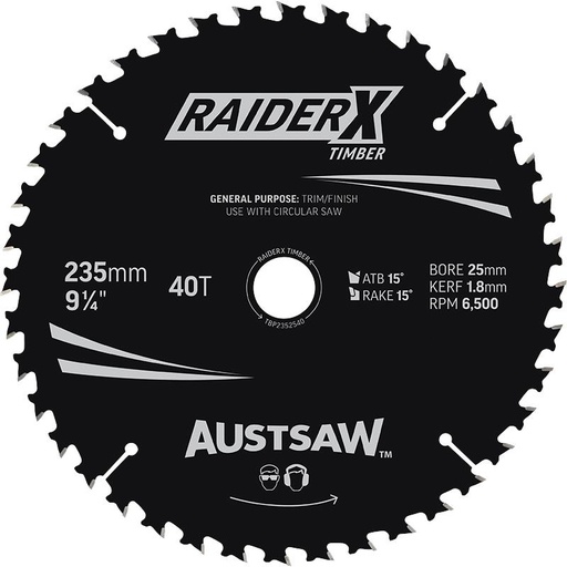 [13TB23540] *PO* Austsaw RaiderX Timber Blade 235mm x 25 Bore x 40 T Thin Kerf