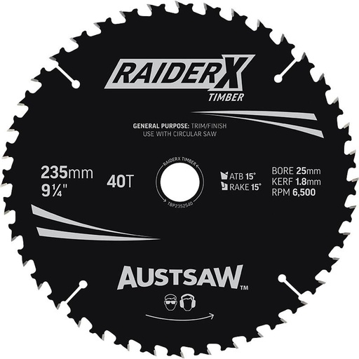 [13TB23540] Austsaw RaiderX Timber Blade 235mm x 25 Bore x 40 T Thin Kerf